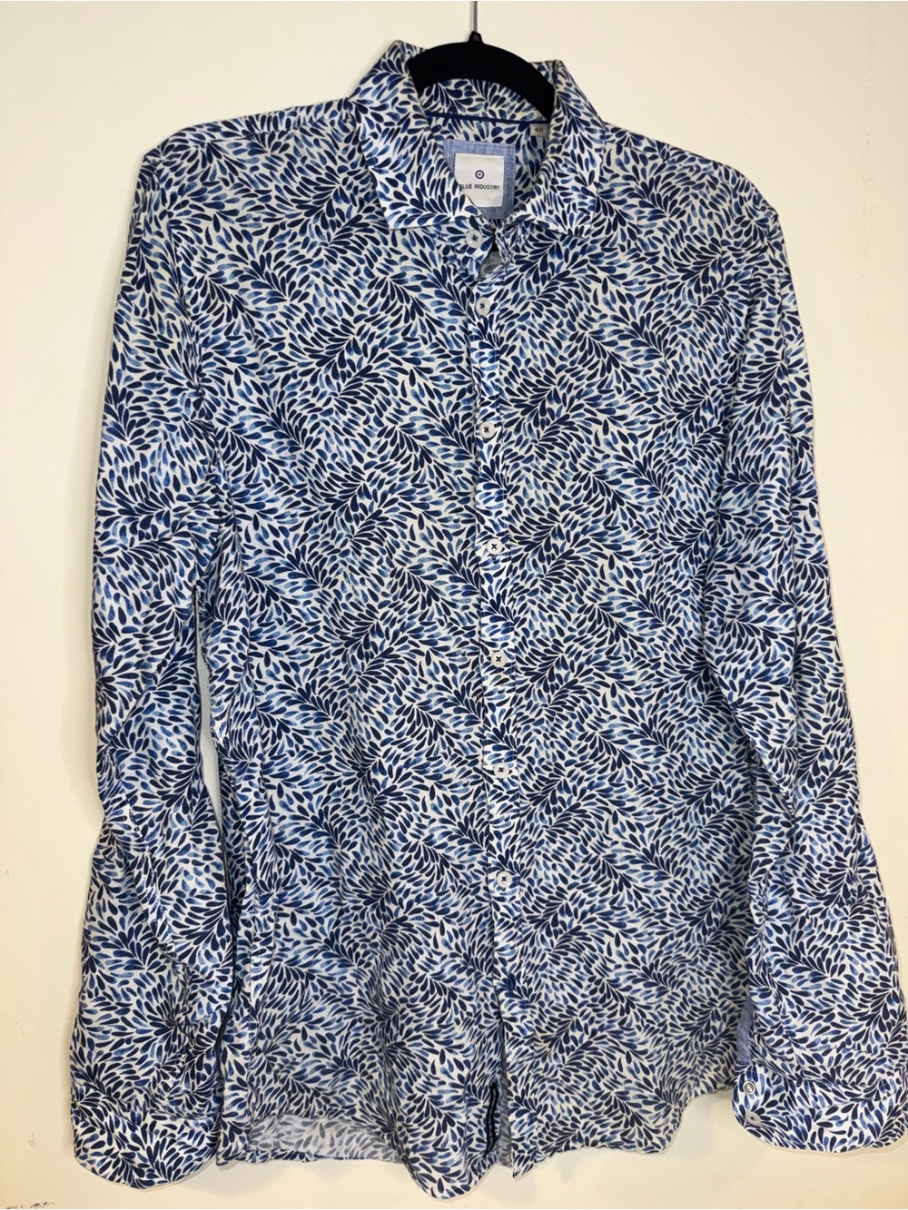 Blue Industry Men’s M 40 Blue White Botanical Leaf Print Shirt